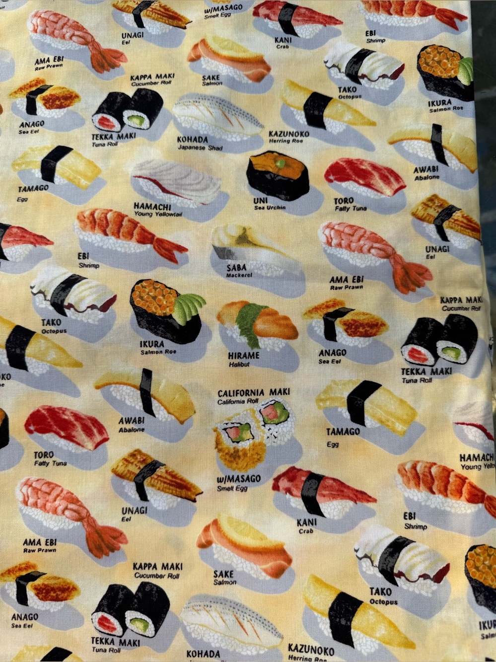 Sushi Print fabric, cotton, Length 130” Length & 43” width